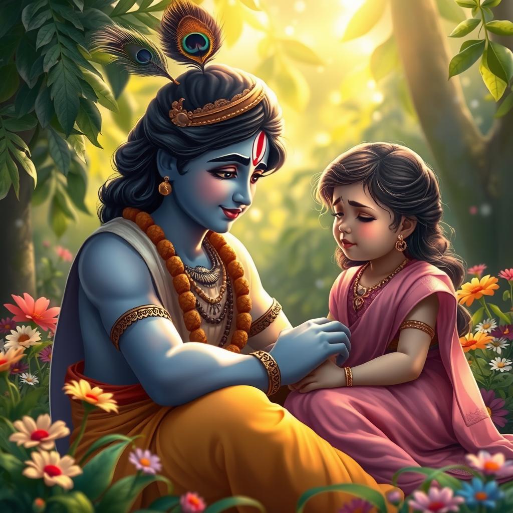 A tender and emotive scene depicting Lord Krishna gently consoling a young girl who is crying