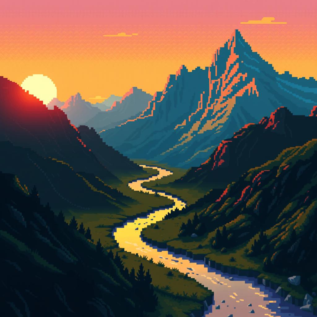 A surreal pixel art landscape featuring majestic mountains and a small river winding through them, bathed in the warm glow of a sunset