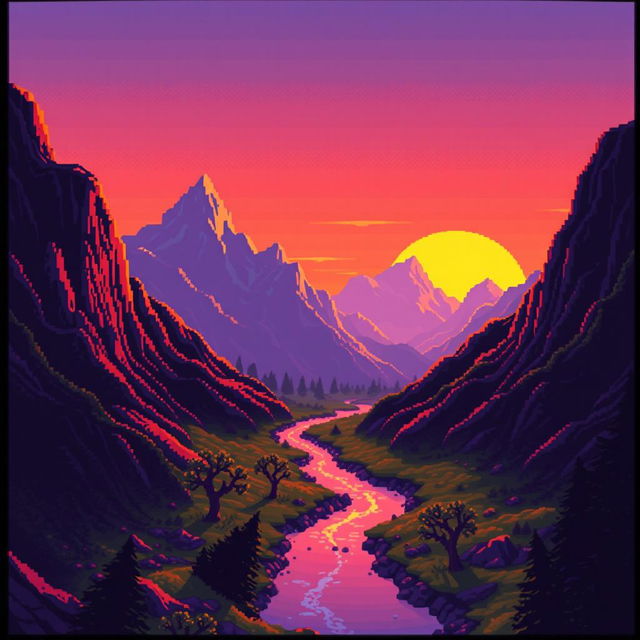 A surreal pixel art landscape featuring majestic mountains and a small river winding through them, bathed in the warm glow of a sunset