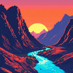 A surreal pixel art landscape featuring majestic mountains and a small river winding through them, bathed in the warm glow of a sunset