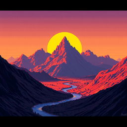 A surreal pixel art landscape featuring majestic mountains and a small river winding through them, bathed in the warm glow of a sunset