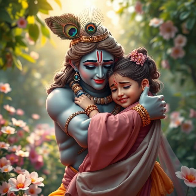 An emotionally charged scene depicting Lord Krishna gently hugging a young girl who is crying, embodying comfort and compassion