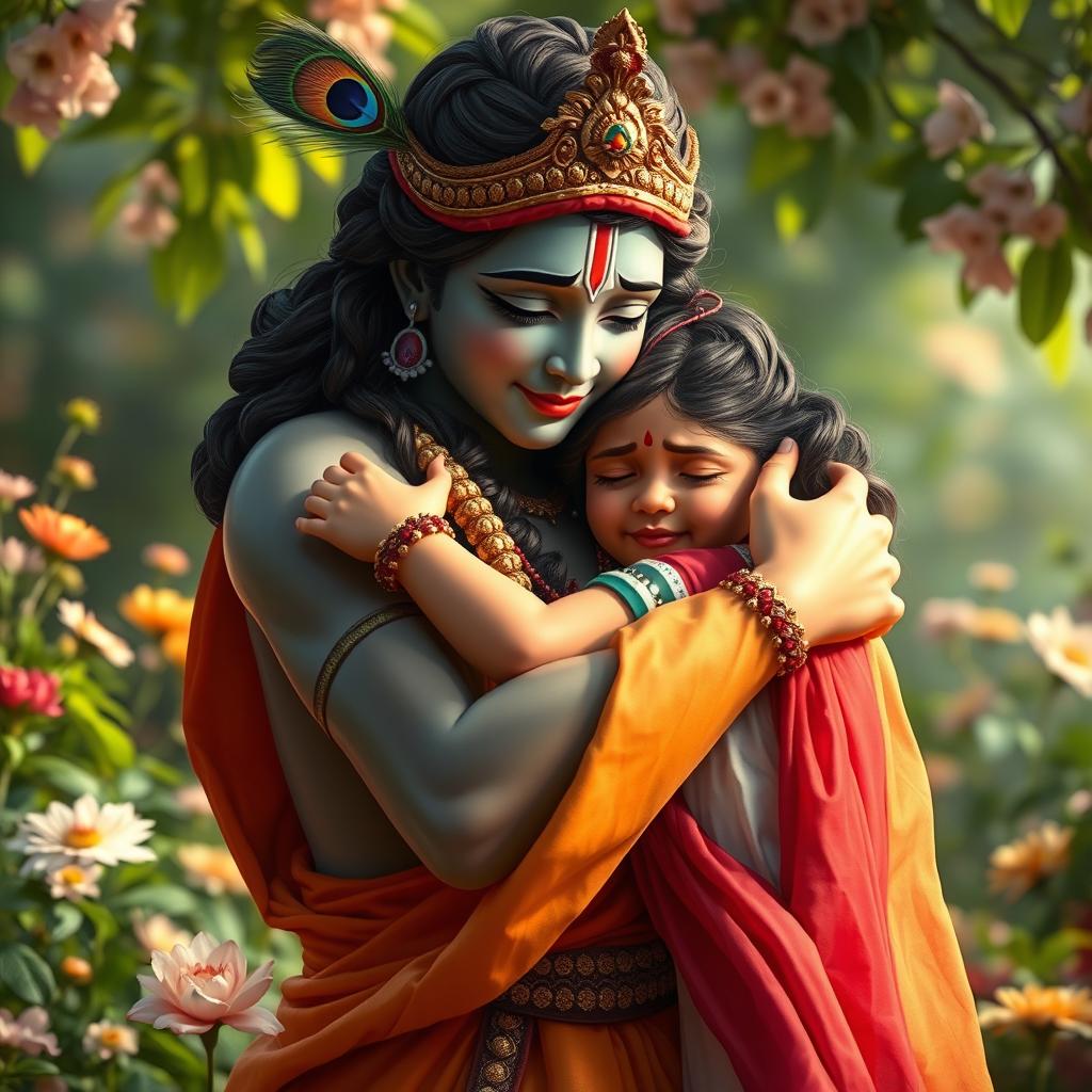 An emotionally charged scene depicting Lord Krishna gently hugging a young girl who is crying, embodying comfort and compassion