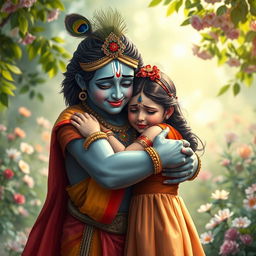 An emotionally charged scene depicting Lord Krishna gently hugging a young girl who is crying, embodying comfort and compassion