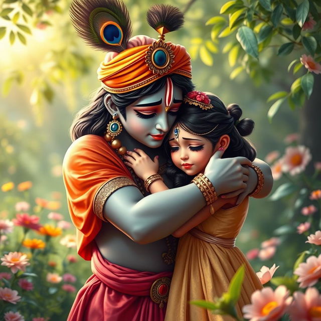 A poignant scene capturing Lord Krishna embracing a young girl who is crying, symbolizing compassion and comfort