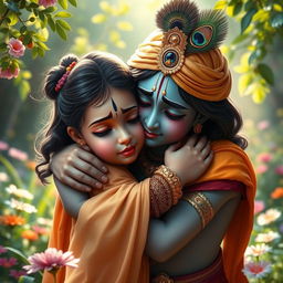 A poignant scene capturing Lord Krishna embracing a young girl who is crying, symbolizing compassion and comfort