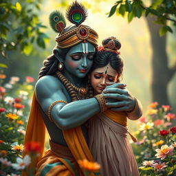 A poignant scene capturing Lord Krishna embracing a young girl who is crying, symbolizing compassion and comfort