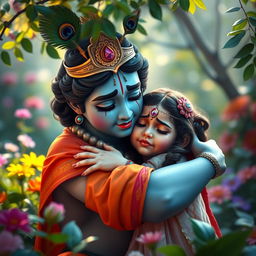 A poignant scene capturing Lord Krishna embracing a young girl who is crying, symbolizing compassion and comfort