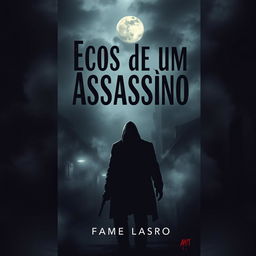 A dramatic book cover design for 'Ecos de um Assassino' featuring a shadowy urban background with dimly lit alleyways and a fog of mystery enveloping the scene