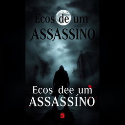 A dramatic book cover design for 'Ecos de um Assassino' featuring a shadowy urban background with dimly lit alleyways and a fog of mystery enveloping the scene