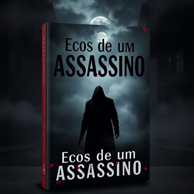 A dramatic book cover design for 'Ecos de um Assassino' featuring a shadowy urban background with dimly lit alleyways and a fog of mystery enveloping the scene