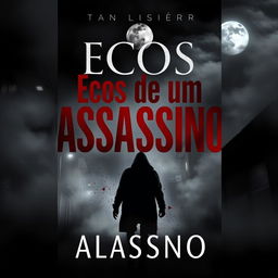 A dramatic book cover design for 'Ecos de um Assassino' featuring a shadowy urban background with dimly lit alleyways and a fog of mystery enveloping the scene