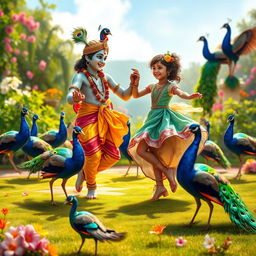 A joyful and vibrant scene of Lord Krishna dancing gracefully with a young girl amidst a gathering of beautiful peacocks