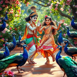 A joyful and vibrant scene of Lord Krishna dancing gracefully with a young girl amidst a gathering of beautiful peacocks