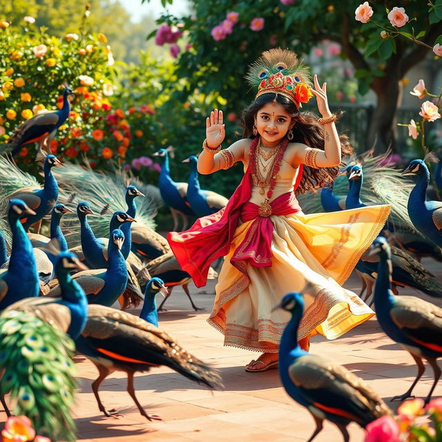 A joyful and vibrant scene of Lord Krishna dancing gracefully with a young girl amidst a gathering of beautiful peacocks