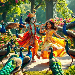 A joyful and vibrant scene of Lord Krishna dancing gracefully with a young girl amidst a gathering of beautiful peacocks