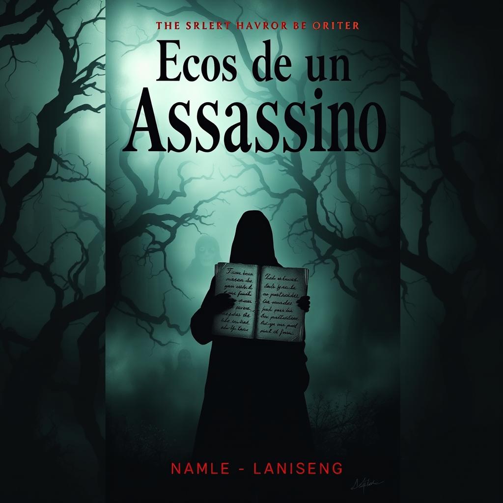 A chilling book cover for a horror and suspense novel titled "Ecos de um Assassino"