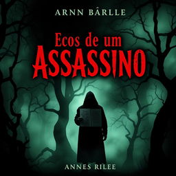 A chilling book cover for a horror and suspense novel titled "Ecos de um Assassino"