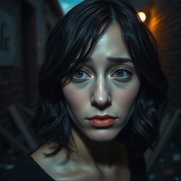 A scene in a dark alley featuring a woman with fair skin and shoulder-length black wavy hair