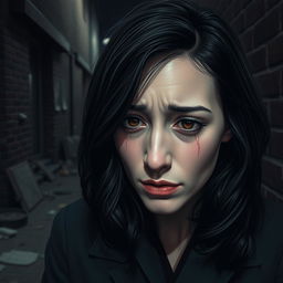 A scene in a dark alley featuring a woman with fair skin and shoulder-length black wavy hair