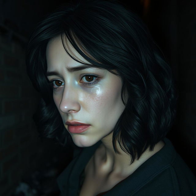 A scene in a dark alley featuring a woman with fair skin and shoulder-length black wavy hair