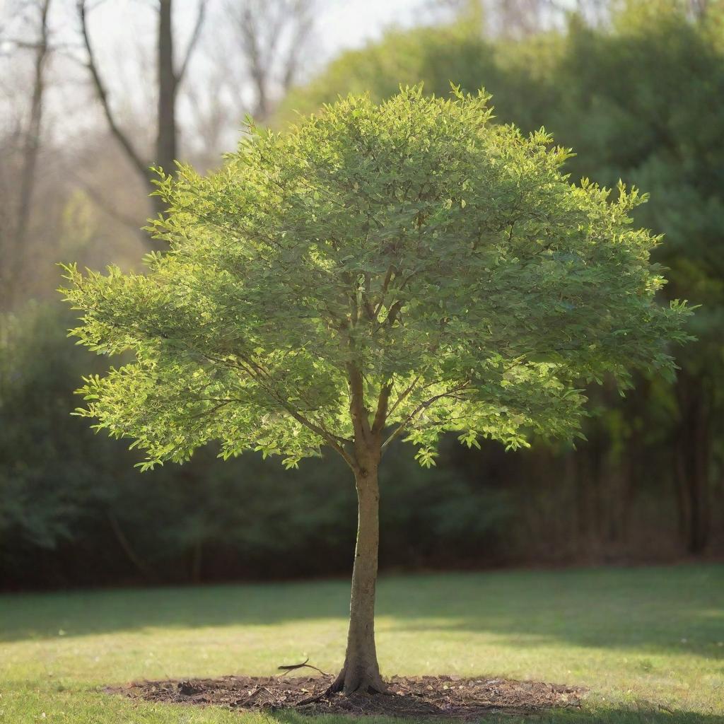 A small tree bathed in soft sunlight, with delicate green leaves and a slender, sturdy trunk.