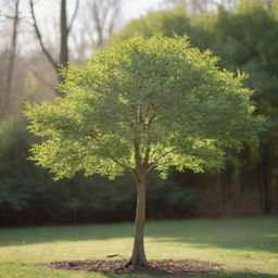 A small tree bathed in soft sunlight, with delicate green leaves and a slender, sturdy trunk.