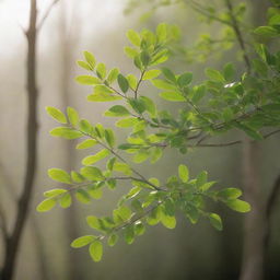 A small tree bathed in soft sunlight, with delicate green leaves and a slender, sturdy trunk.