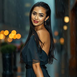 An elegant and alluring young woman standing in the rain, her long hair slicked back and glistening with droplets