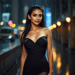 An elegant and alluring young woman standing in the rain, her long hair slicked back and glistening with droplets