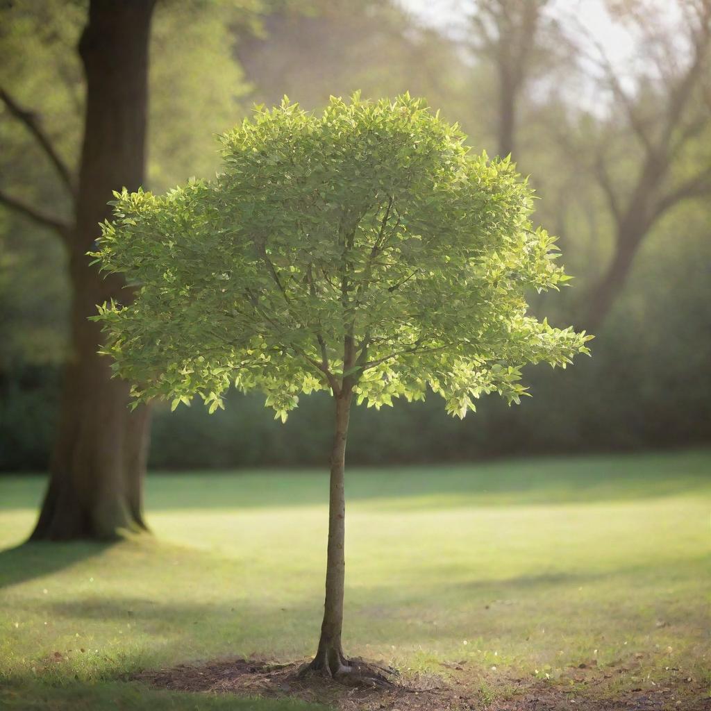 A small tree bathed in soft sunlight, with delicate green leaves and a slender, sturdy trunk.