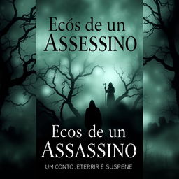 A captivating book cover for a horror and suspense novel titled "Ecos de um Assassino" with the subtitle "Um Conto de Terror e Suspense"