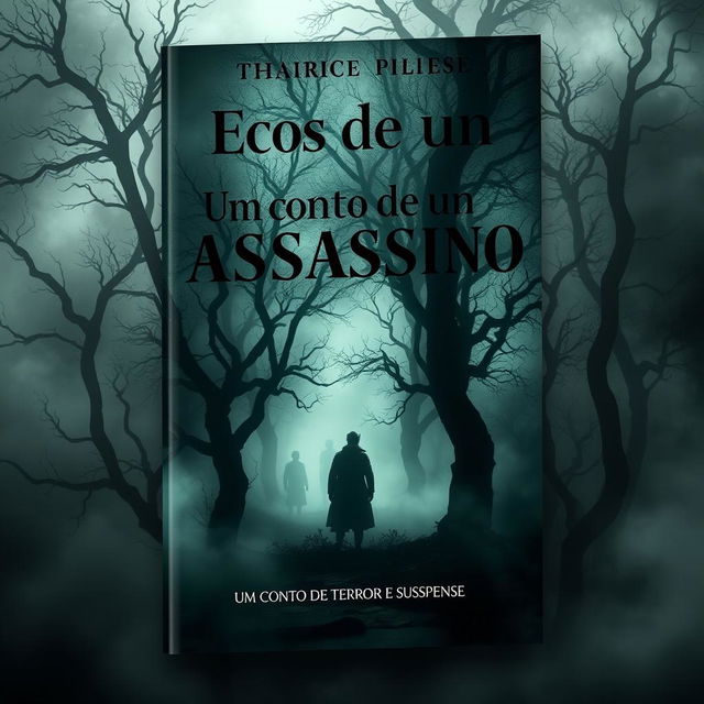 A captivating book cover for a horror and suspense novel titled "Ecos de um Assassino" with the subtitle "Um Conto de Terror e Suspense"