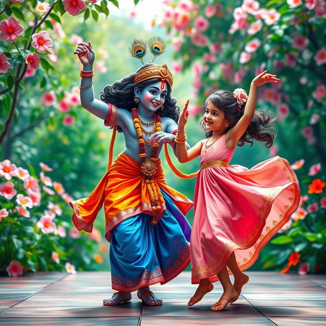 A lively and joyous scene of Lord Krishna dancing with a young girl, exuding happiness and celebration