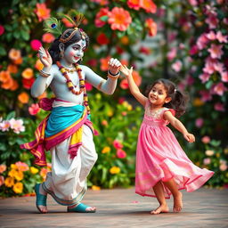 A lively and joyous scene of Lord Krishna dancing with a young girl, exuding happiness and celebration