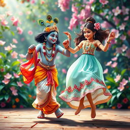 A lively and joyous scene of Lord Krishna dancing with a young girl, exuding happiness and celebration