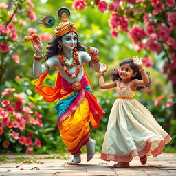 A lively and joyous scene of Lord Krishna dancing with a young girl, exuding happiness and celebration