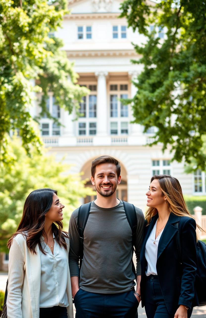 A picturesque campus building in the background featuring classical architecture with large windows and greenery surrounding it