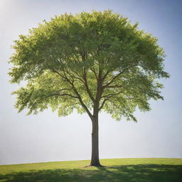 A small tree bathed in soft sunlight, with delicate green leaves and a slender, sturdy trunk.