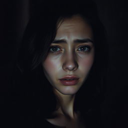 A scene in a dimly lit dark alley featuring a woman with fair skin and shoulder-length black wavy hair