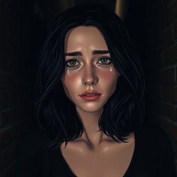 A scene in a dimly lit dark alley featuring a woman with fair skin and shoulder-length black wavy hair
