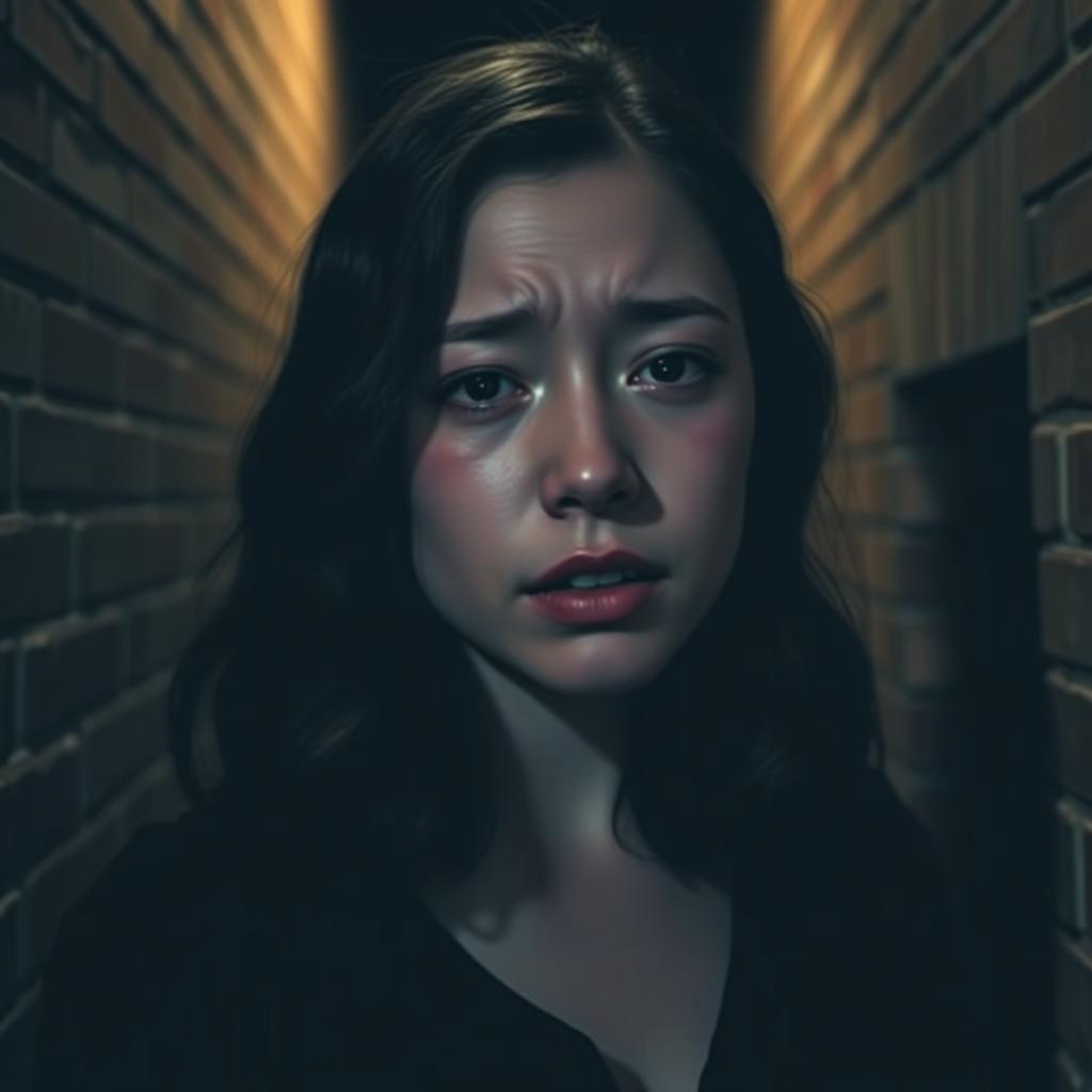 A scene in a dimly lit dark alley featuring a woman with fair skin and shoulder-length black wavy hair