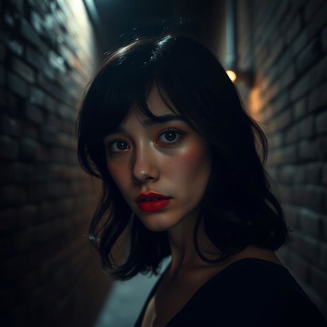 A scene in a dimly lit dark alley featuring a woman with fair skin and shoulder-length black wavy hair