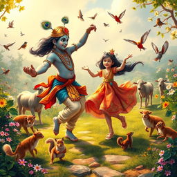 A joyous and magical scene of Lord Krishna dancing with a young girl, surrounded by a variety of animals