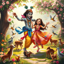 A joyous and magical scene of Lord Krishna dancing with a young girl, surrounded by a variety of animals