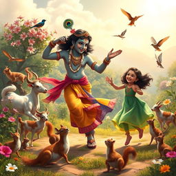 A joyous and magical scene of Lord Krishna dancing with a young girl, surrounded by a variety of animals