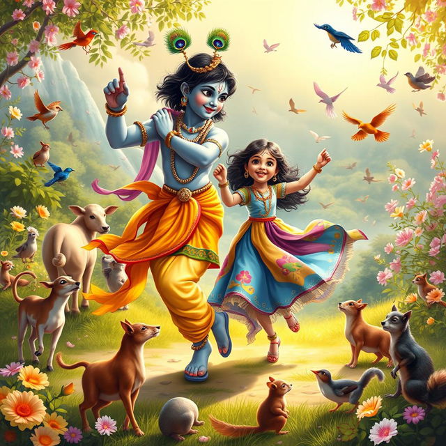 A joyous and magical scene of Lord Krishna dancing with a young girl, surrounded by a variety of animals