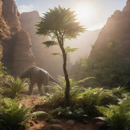 A small tree bathed in soft sunlight, nestled amongst a prehistoric landscape of 65 million years ago with towering dinosaurs and fern-like plants