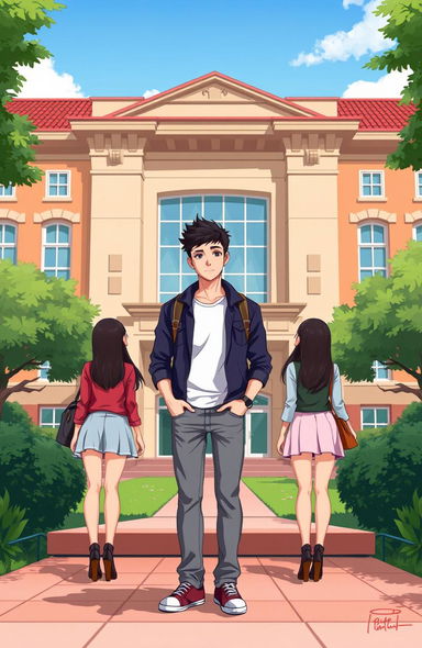 A 2D illustration of a campus building, displaying its architecture prominently in the background