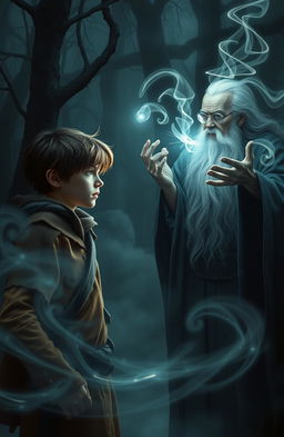 In a dark and mysterious forest, a 16-year-old boy stands bravely in confrontation with an ancient magic professor